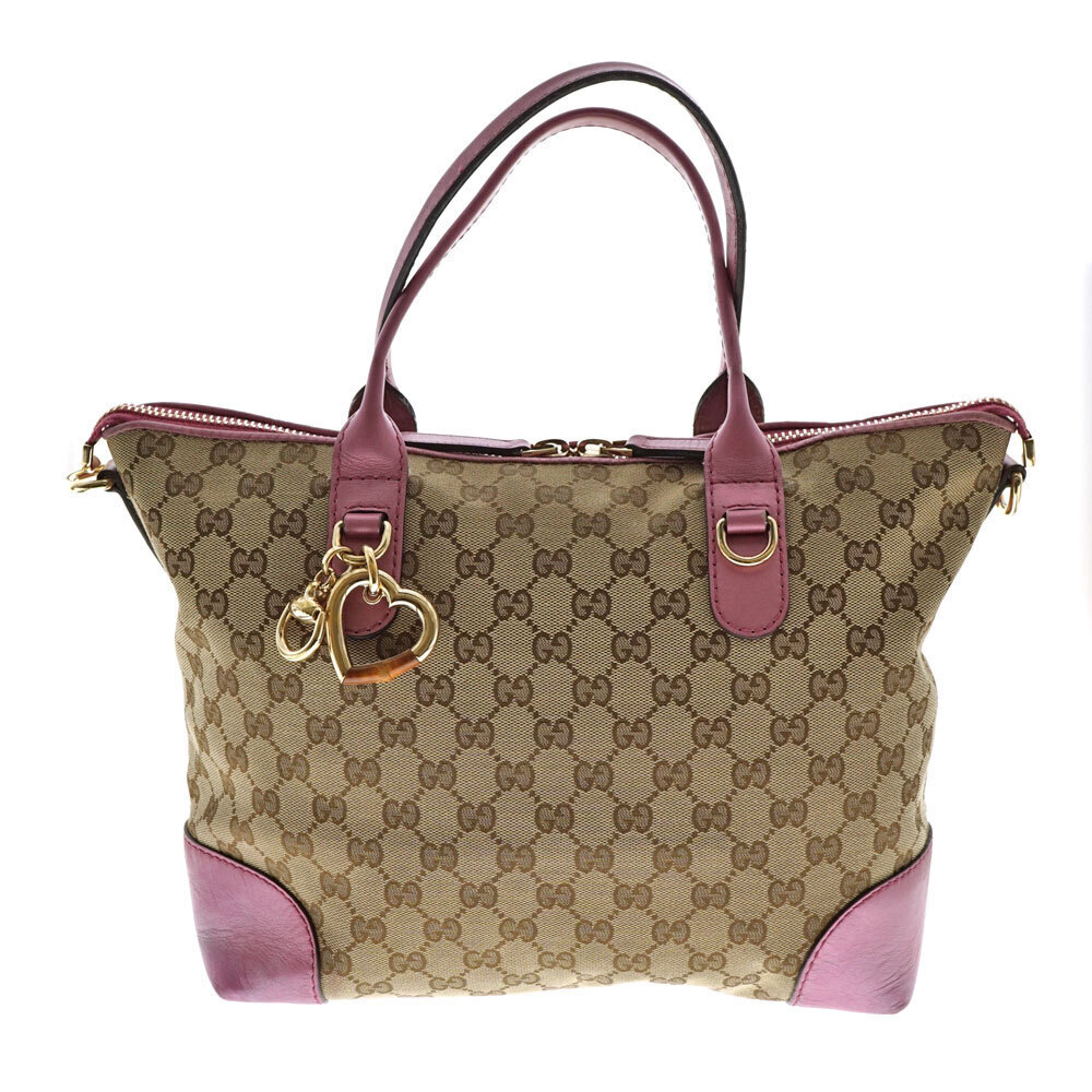 GUCCI GG Canvas Bag Beige Brown Pink Handbag Shoulder Strap Heart Charm